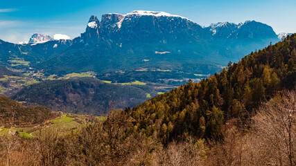 Alpine spring view with Mount Schlern, dolomites, in the background seen from near Klobenstein, Ritten, Eisacktal valley, South Tyrol, Italy