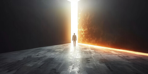 A person walking towards the light, symbolizing hope and an open future. Businessman - obrazy, fototapety, plakaty