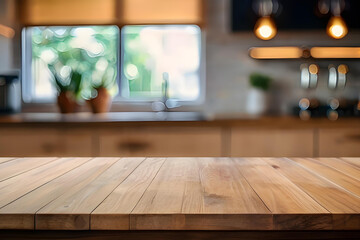 Fototapeta na wymiar Empty beautiful wood table top counter and blur bokeh modern kitchen interior background in clean and bright,Banner, Ready for product montage