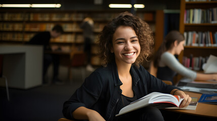 University Library: Beautiful Smart Caucasian Girl uses a Laptop, Writes Notes for Papers, Essays, Study for Class Assignment. Focused Students Learning, Studying for College Exams. Side View Portrait