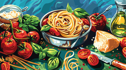 Collage with cooking of tasty Italian pasta Vector illustration