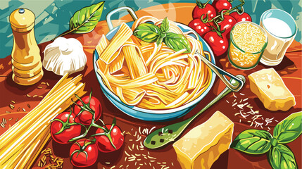 Collage with cooking of tasty Italian pasta Vector illustration