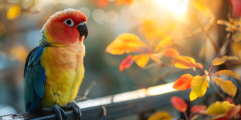 Sunlit sun conure parrot perched on a branch with bokeh background. Vibrant wildlife photography. Exotic bird and tropical nature concept for environmental design