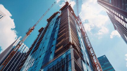 Fototapeta premium A tall building with a crane in the background