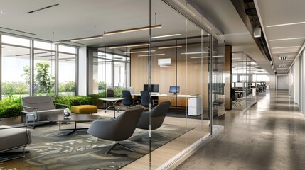 Modern Office Interior With Glass Partitions and Lounge Area