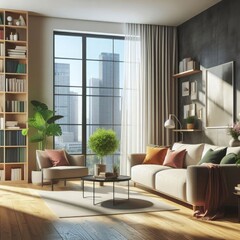 modern interior Sofa with Books Library Design Generative AI