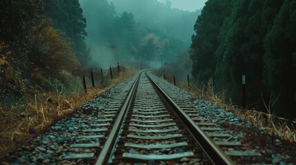 Train tracks winding through dense forest