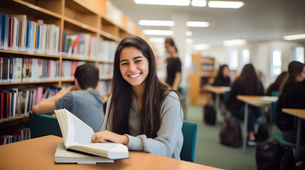 University Library: Beautiful Smart Caucasian Girl uses a Laptop, Writes Notes for Papers, Essays, Study for Class Assignment. Focused Students Learning, Studying for College Exams. Side View Portrait