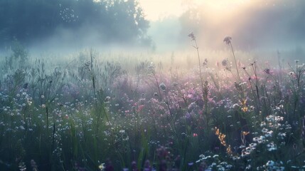 A mystical foggy morning scene with wildflowers in a meadow, highlighted by the soft sunlight piercing through the mist.