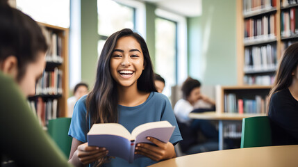 University Library: Beautiful Smart Caucasian Girl uses a Laptop, Writes Notes for Papers, Essays, Study for Class Assignment. Focused Students Learning, Studying for College Exams. Side View Portrait