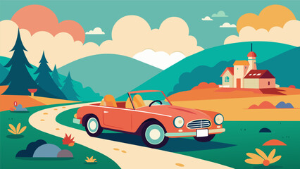 Driving through picturesque countryside in a vintage convertible stopping for picnics in scenic parks and exploring local towns and attractions. The.