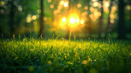 Wild green grass in a forest at sunrise. Beautiful summer