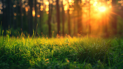 Wild green grass in a forest at sunset. Beautiful summer