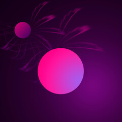 square black background. Fantasy illustration of an alien outer space landscape. pink and purple gradient colored globes. conceptual planets, alien ship, pink soft blur flames. soft purple orb