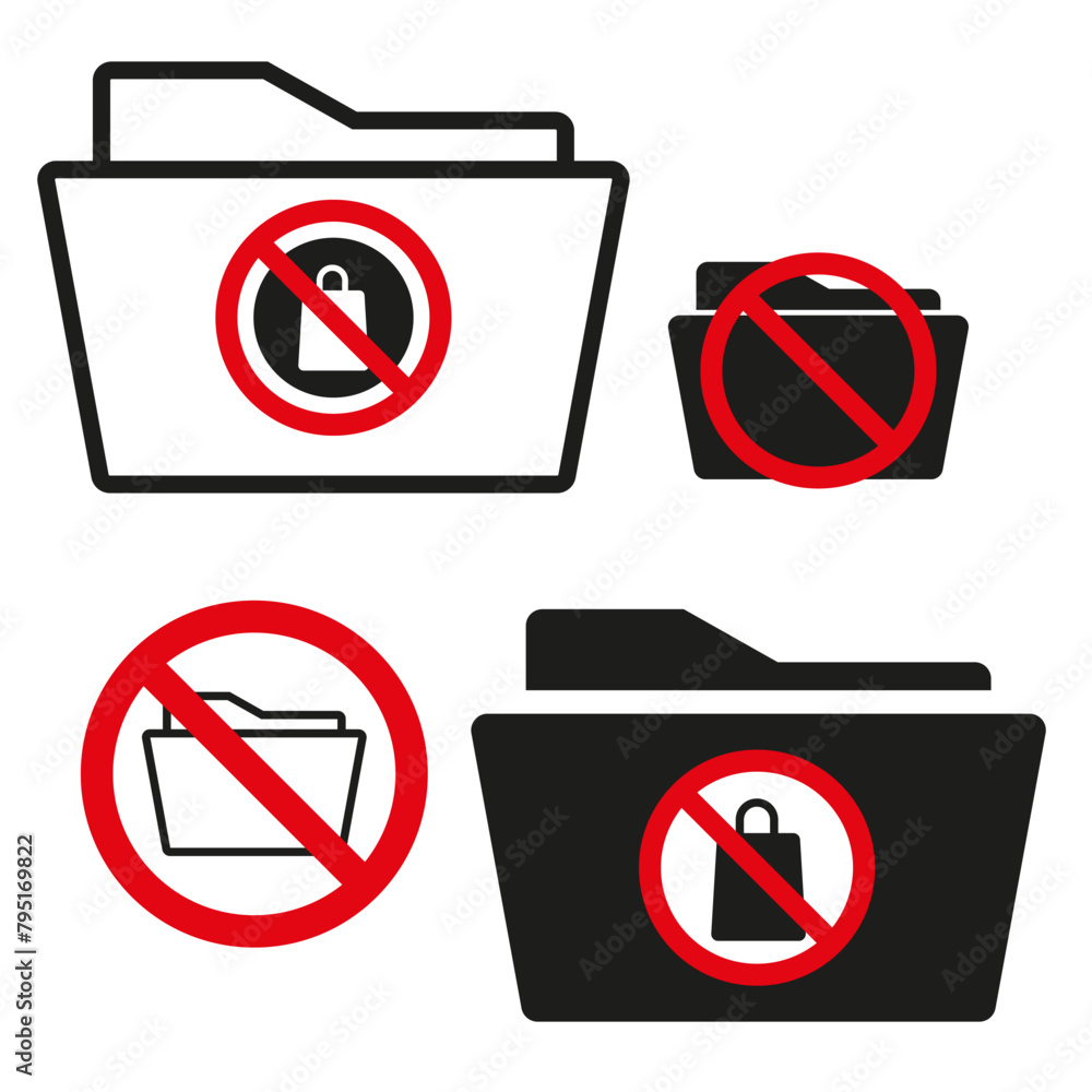 Poster no access folder signs. prohibited file icons. security warning symbols. restricted documents concep