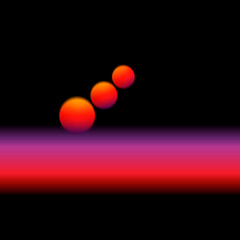 Fantasy illustration of an outer space scene. three orange gradient globes. conceptual illusion of 3D on black square background. orange and purple linear band with soft blur gradient.