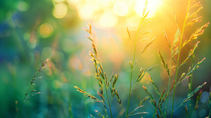 Wild green grass in a forest at sunset. Macro image. background