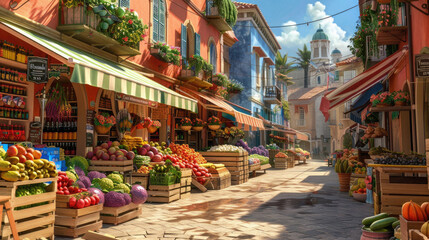 Fototapeta na wymiar A street scene with a market full of fresh fruits and vegetables