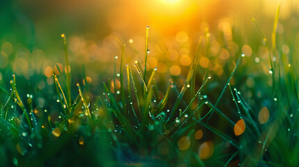 Wild green grass with morning dew at sunrise. 