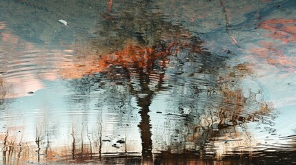 Tree reflection puddle water sky