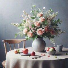 still life with flowers and fruits with dining table Generative AI