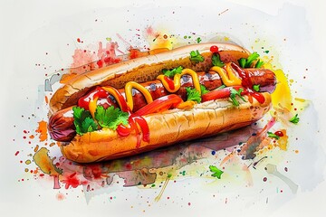 Hand drawn watercolor hotdog, bright pastels, tasty and vibrant, appetizing meal