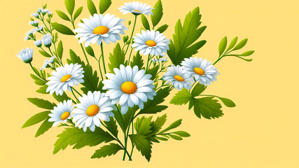 White daisies with green leaves on a yellow background. Vector illustration.