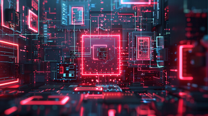 Fototapeta premium A close-up photo of a computer chip glowing red under neon lights. Can be used for technology, computer-related blogs and advertisements.