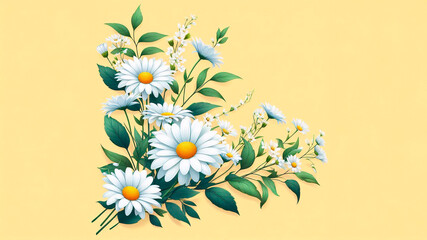 White daisies with green leaves on a yellow background. Vector illustration.