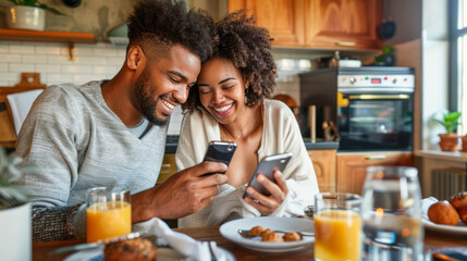 Millennial afro-american Man And Woman Having Breakfast And Using Smartphone In Kitchen, Happy...