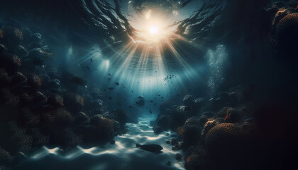 underwater scene with sun rays and sun fishes Generative AI - obrazy, fototapety, plakaty