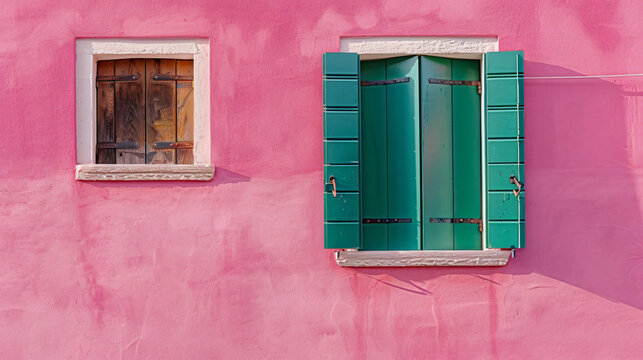 Window with green shutters on the pink wall. Colorful