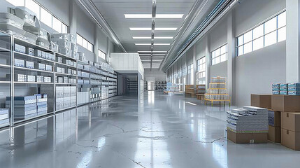 A large warehouse with a lot of boxes and shelves