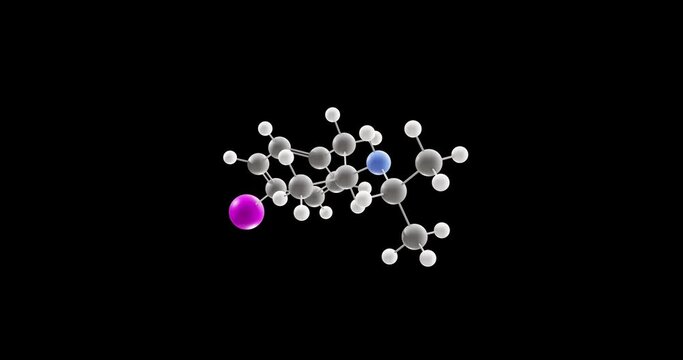 Iofetamine (123I) molecule, rotating 3D model of iofetamine, looped video on a black background