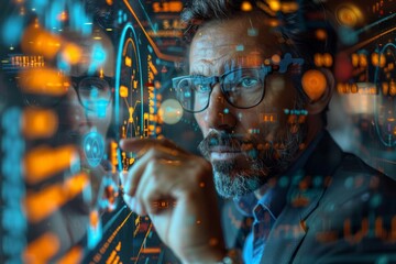 A man interacts with state-of-the-art virtual touch interface technology, detailed with glowing elements