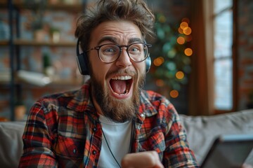 Energetic young male rejoicing while looking at a tablet, wearing a headset as if celebrating good news