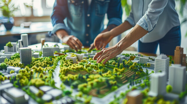 Two business people talking about eco city at green business meeting on meeting table with green city block model. Young Man and woman discussing new city layout model in Bureau of Architecture.
