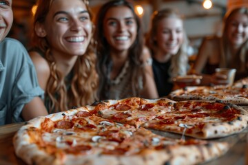 Five happy friends in a candid moment, laughing together over a pizza at a casual dining setup