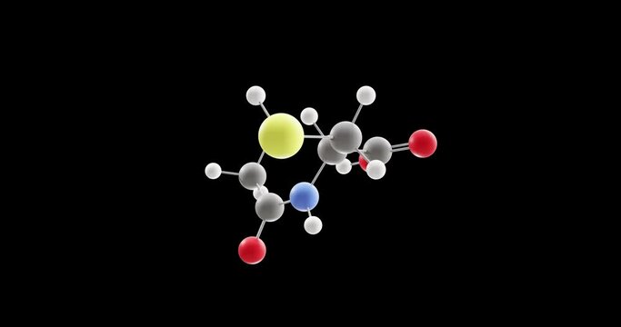 Acetylcysteine molecule, rotating 3D model of n-acetylcysteine, looped video on a black background