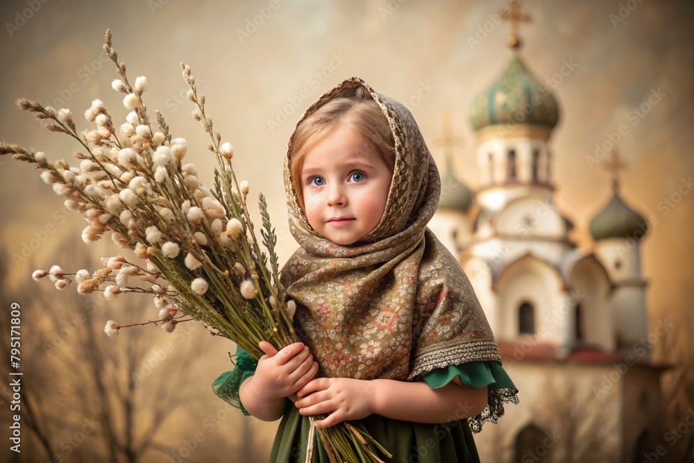 Wall mural Palm Sunday. Christianity. Portrait of a three-year-old girl in a Russian folk shawl with willow branches in her hands against the background of an Orthodox church.