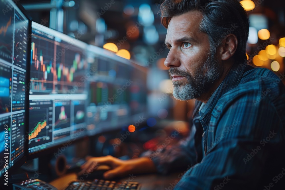 Poster intense trader monitoring financial data on multiple computer screens in a modern office setting at 