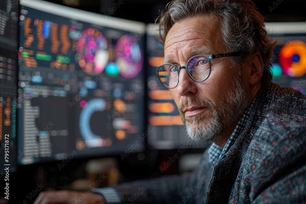 Poster a professional stock trader intensely examines multiple screens displaying various stock market data