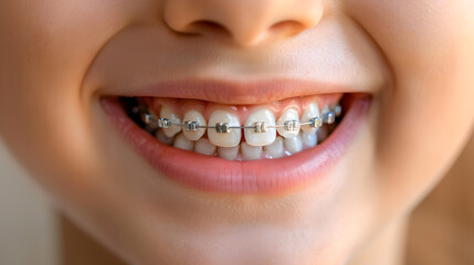 The look is close to the teeth braces on the white teeth of the boy to equalize the teeth. Dental concept
