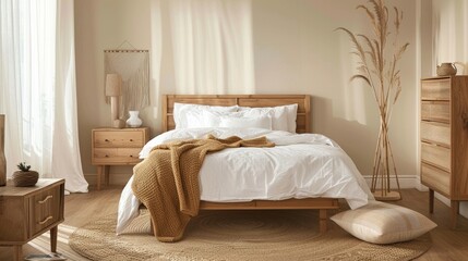Fototapeta na wymiar Cozy minimalist bedroom with natural light and warm tones