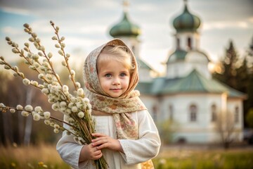 Palm Sunday. Christianity. Portrait of a three-year-old girl in a Russian folk shawl with willow branches in her hands against the background of an Orthodox church. - obrazy, fototapety, plakaty