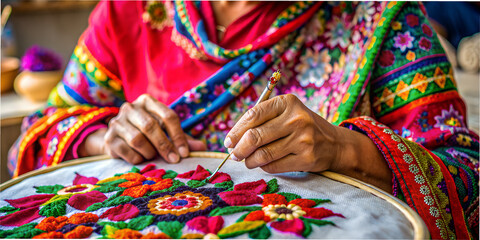 Old woman embroiders patterns, embroidery flowers with threads, bright colors, hobby, grandmother macro