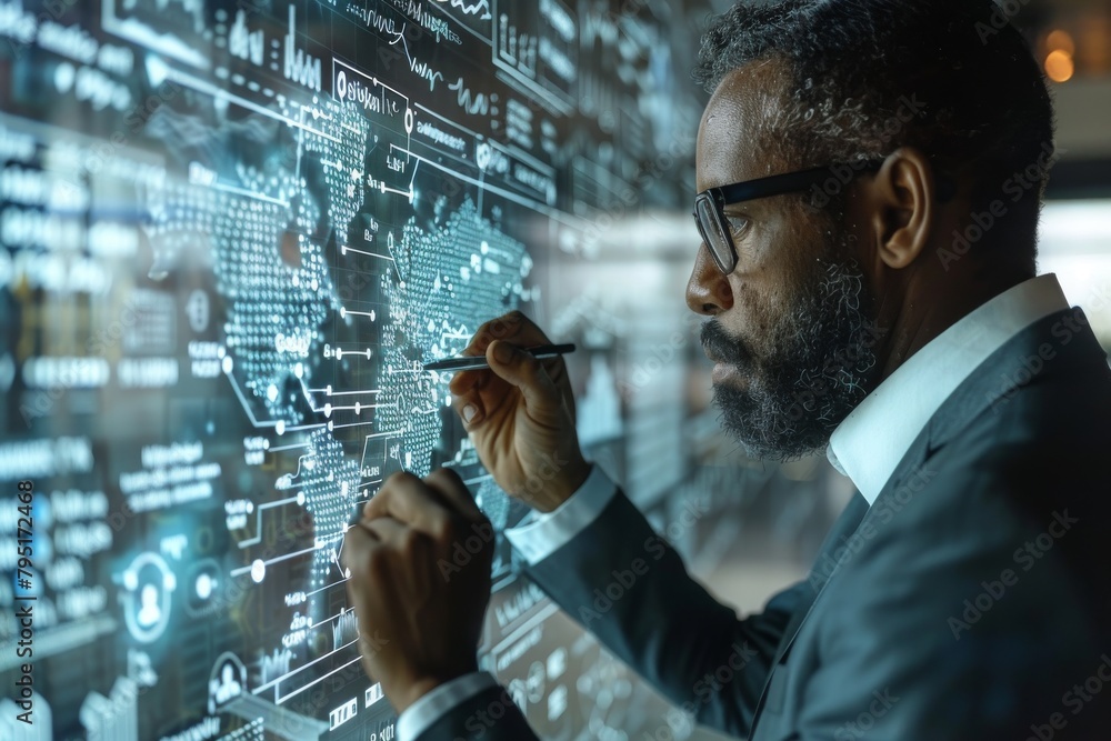 Poster an individual in a business attire inspecting intricate data visualizations on a modern digital scre
