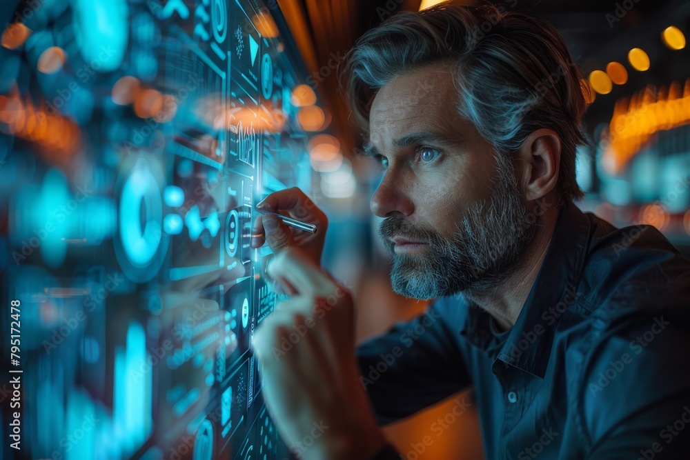 Poster the image depicts a person writing or interacting with a high-end digital information display with f