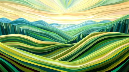 Abstract organic green color landscape mountains valley with trees, paper cut overlapping paper waves texture background banner panorama for webdesign or business illustration.