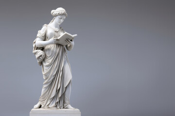 Graceful marble statue of Athena focused on reading a book. Space for text